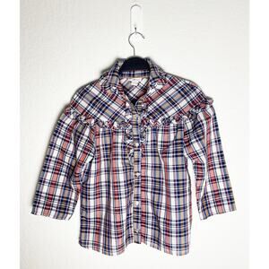 Vintage Romance California Womens Plaid Button Up Blouse Ruffles Western Country